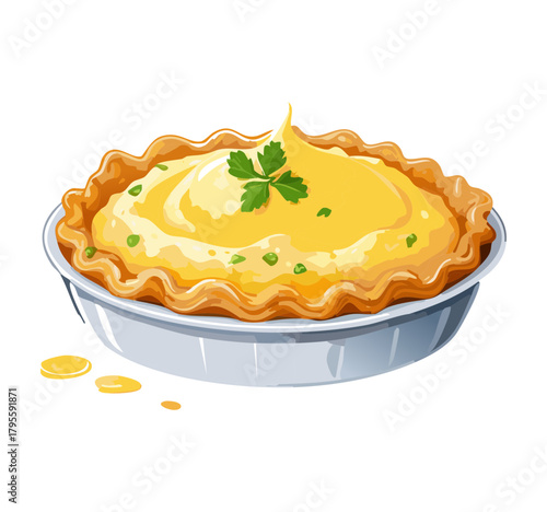 Savory Pie Illustration Set — realistic vector pies with golden crusts, creamy fillings, and herb garnish