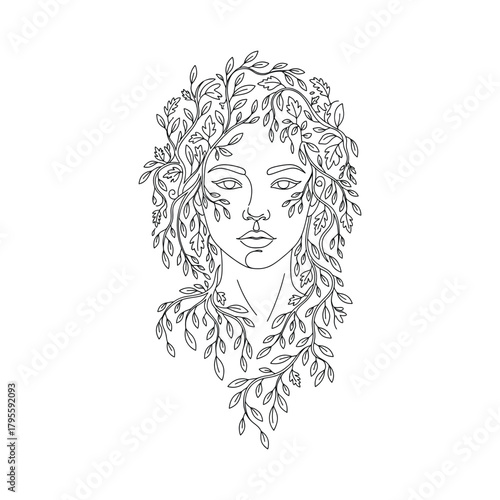 Minimalist Botanical Line Art of Nature Woman Face Illustration