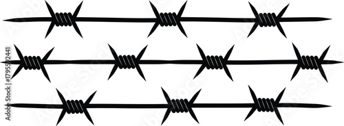 Barbed wire strands, horizontal silhouette design, sharp twisted metal, security fencing structure, industrial protection, danger boundary, restricted zone, black wire illustration