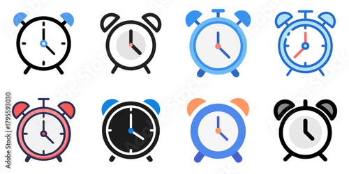alarm clock flat icons set. isolated on white background. Vector illustration.