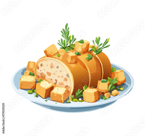Stuffing Bowl Illustration Set — realistic vector bowls of seasoned bread stuffing with herbs