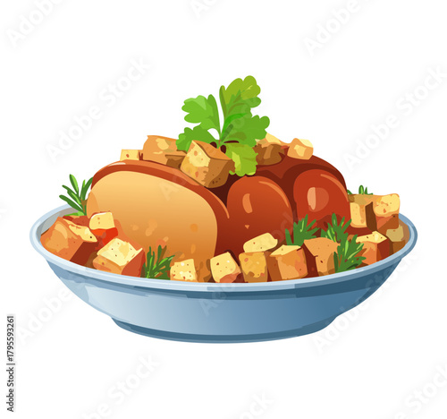 Stuffing Bowl Illustration Set — realistic vector bowls of seasoned bread stuffing with herbs