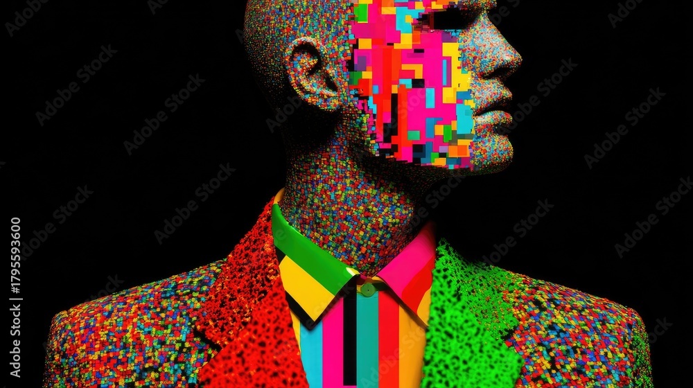 Obraz premium Vibrant Pixelated Mannequin: Colorful Digital Art Blending Futurism and Abstract Expressionism