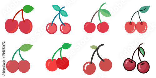 cherry flat icons set. isolated on white background. Vector illustration.