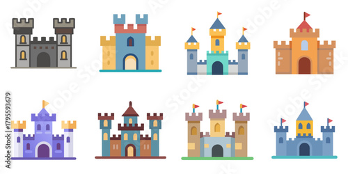 castle flat icons set. isolated on white background. Vector illustration.