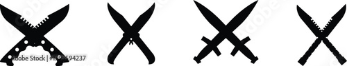 Crossed Knife and Sword Icon Set, Combat Blade, Dagger, and Weapon Symbol Collection and Group, Sharp Metal Cutter, Battle Knife, Military Armory, and Steel Equipment Vector in Black Color Flat Style