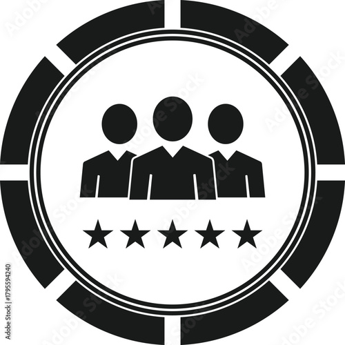 A black and white icon depicting three people with five stars, symbolizing team evaluation or rating. This professional graphic is ideal for customer feedback, reviews, and service rating concepts.