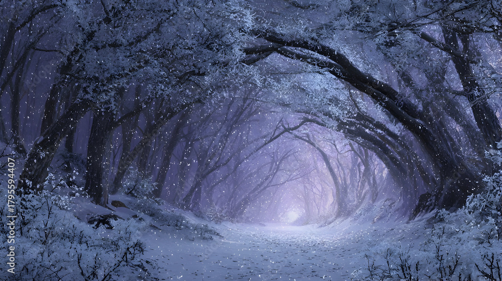 Obraz premium Enchanting winter woodland with frosted arched canopy in serene snowfall