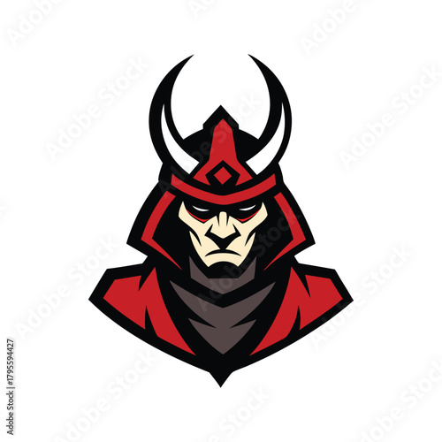 Samurai warrior mascot logo with bold red themed character design Vector illustration
