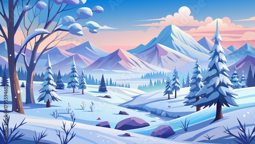Very beautiful winter landscape vector drawing featuring softly rolling snowy hills, delicate hand-drawn trees, and a calm seasonal atmosphere, designed as a clean and versatile cover background illus