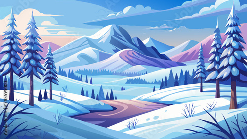 Very beautiful winter landscape vector drawing featuring softly rolling snowy hills, delicate hand-drawn trees, and a calm seasonal atmosphere, designed as a clean and versatile cover background illus