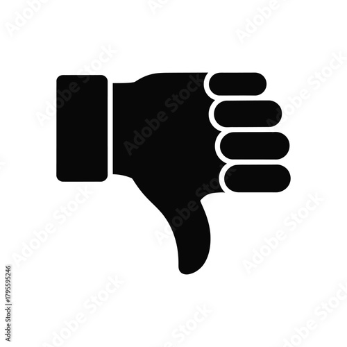 Black thumbs down icon on white background indicating disapproval or dislike