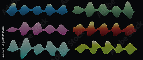 Colorful abstract wave shapes set on a dark background for modern design projects. Smooth gradient curves create a dynamic flowing visual effect. Vibrant artistic waveform elements ideal for branding 