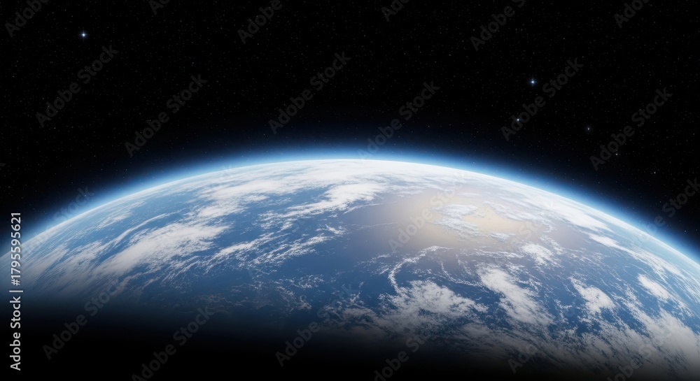 Obraz premium Closeup view of planet earth from orbit, showcasing the curvature of the planet, clouds, and oceans, with a dark starry sky in the background, evoking a sense of awe and perspective