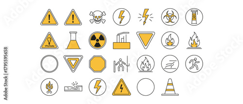 Collection of hazard warning symbols indicating various dangers and safety precautions