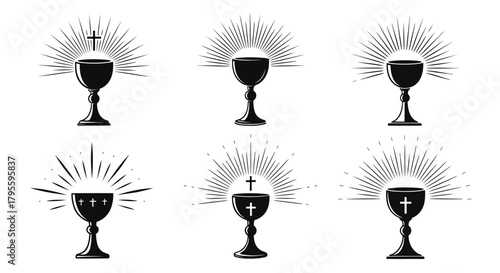 Chalice Vector Set with Rays, Eucharist Symbol for Religious Celebration