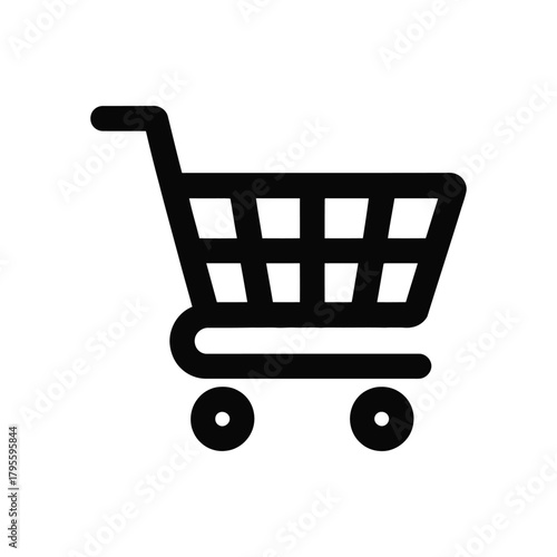 Black shopping cart icon with handle and wheels on white background