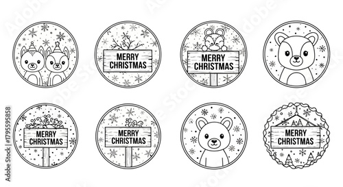 Winter Animals and Merry Text Design in Circle Frames, Holiday Season