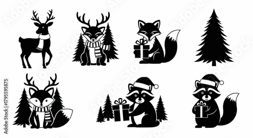 Collection of silhouettes of winter animals with trees and gifts