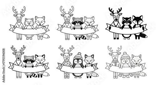 Cartoon woodland animals holding banner