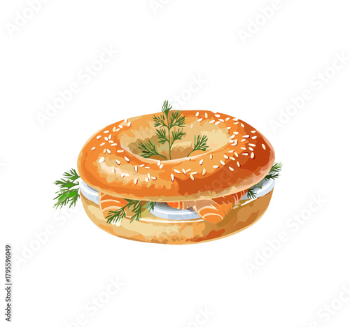 Salmon Bagel Illustration — realistic vector of sesame bagel with smoked salmon, dill, and cream cheese