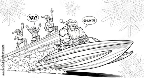 Santa claus rides motorboat with elves vector illustration