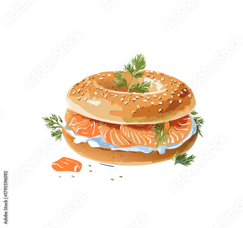 Salmon Bagel Illustration — realistic vector of sesame bagel with smoked salmon, dill, and cream cheese