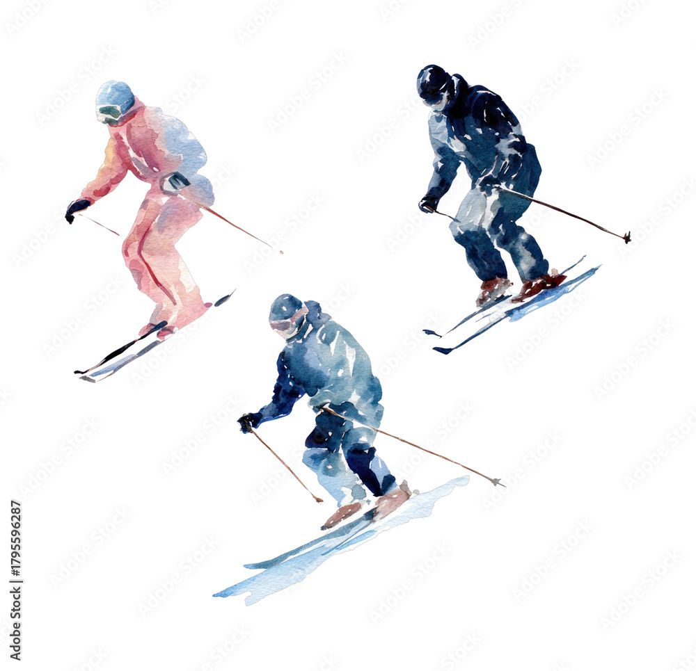 Fototapeta premium PNG Watercolor skiers in motion.