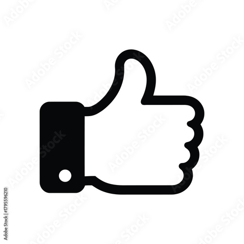 Black thumbs up icon on white background symbolizing like, approval, and positive feedback