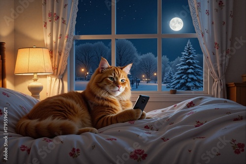 A red-haired cat on a bed with a cell phone