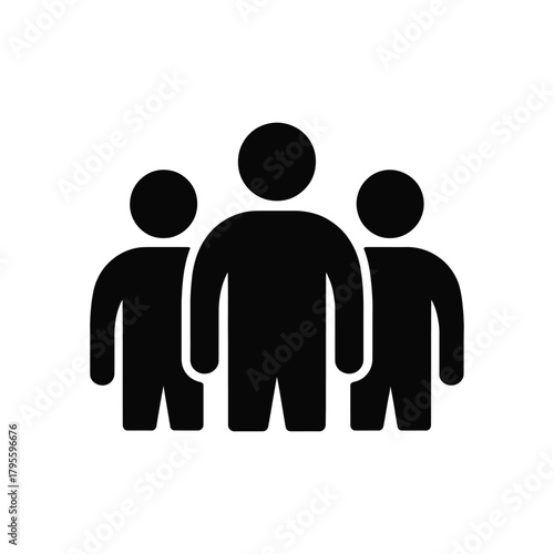 Group of three people, simple black icon, teamwork and leadership concept, white background