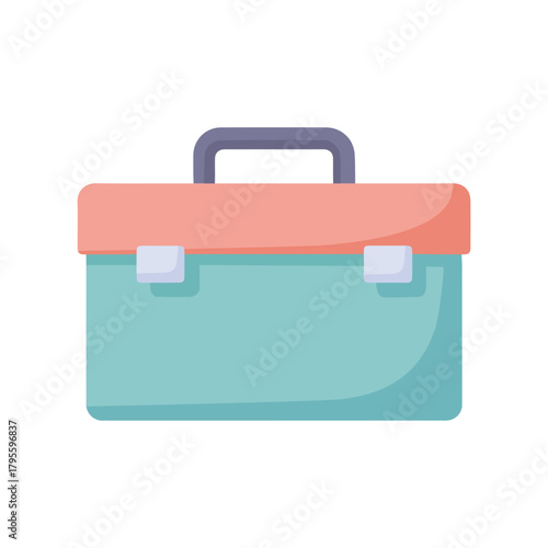 A teal and coral toolbox with a gray handle
