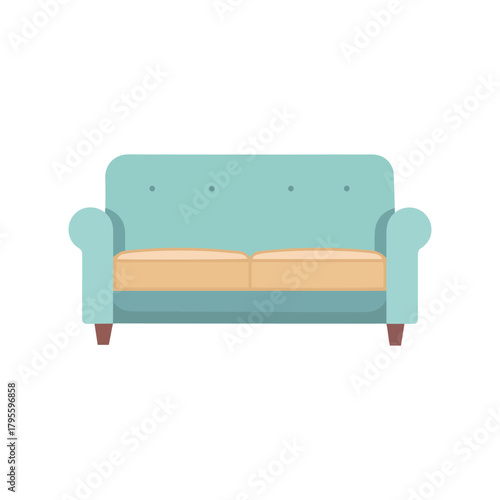 A light blue twoseater sofa with beige cushions and wooden legs