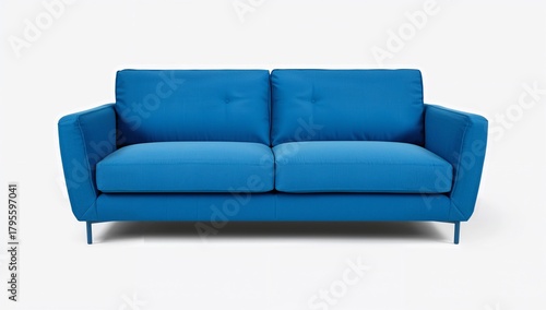 Modern blue loveseat sofa with button tufting and slim metal legs on a white background