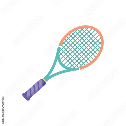 A tennis racket with a turquoise frame and orange rim, purple grip