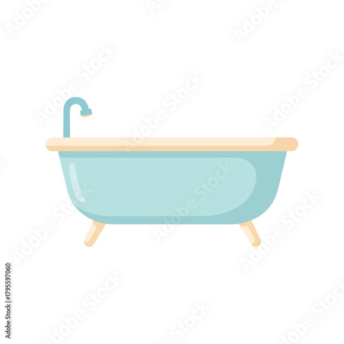 A light blue bathtub with a cream rim and light brown legs