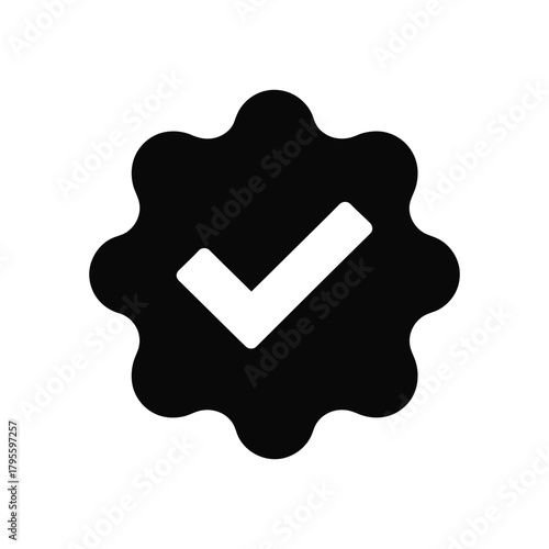 Black rounded badge icon with white check mark on a white background