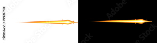 A set of dynamic anime-style energy beams or laser blasts, one isolated on a white background and another glowing with a lens flare effect on a black background for visual effects
