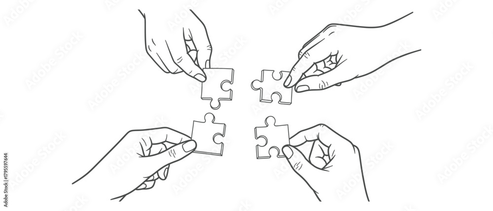 Fototapeta premium Hands assembling jigsaw puzzle pieces representing teamwork and problem solving concept