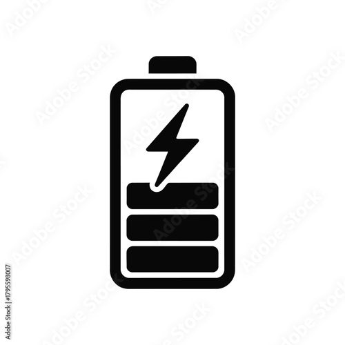 Black battery icon with lightning bolt on white background illustration