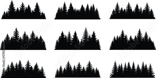 Conifer tree silhouettes, forest clusters grid, black pine shapes, nature design elements, environmental illustration, evergreen outline, minimal woodland pattern