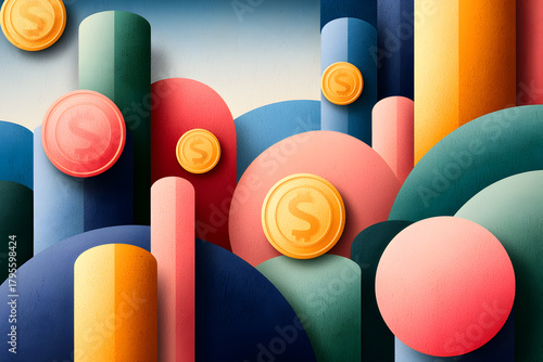 Colorful abstract finance background with gold coin and geometric shapes representing creative investment and wealth growth