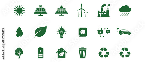 Green energy and environmental conservation icons representing sustainability efforts