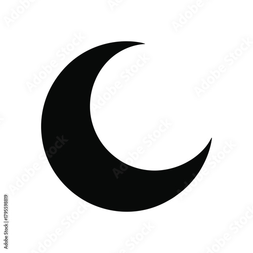 Black crescent moon silhouette on white background, single design element icon