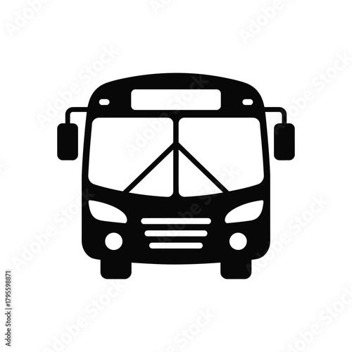 Black silhouette of a bus facing forward, public transport vehicle icon on white background