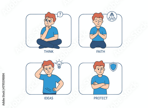 A cheerful, optimistic individual radiating positive emotions; a group of grateful, thankful, blissful, delighted, dreamy, curious, yet emotionally detached men; depicted as a flat vector