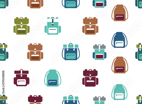 A continuous pattern featuring various models and sizes of backpacks or rucksacks set against a white background with stylish bags, suitable for modern textile prints, wrapping paper, and wallpaper