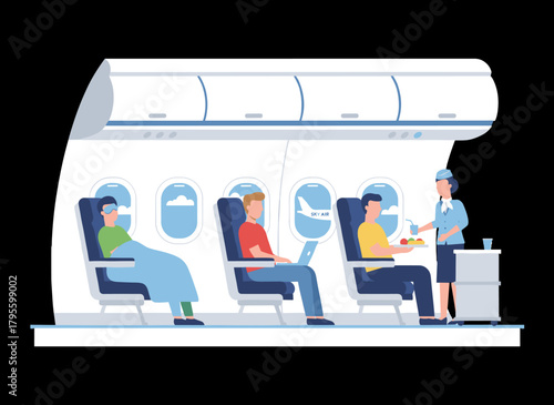 People sit in armchairs in a side‑view vector illustration of an airplane, while a friendly stewardess carries a food and drink cart down the aisle, and a man, woman, and child are seen in the cabin