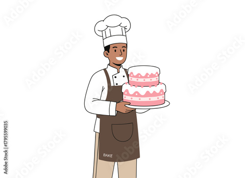 Charming young head chef, a cute child wearing a chef's uniform, apron, and toque, holding a sweet cake pastry in a cartoonish, childlike portrait—flat vector illustration on a white background