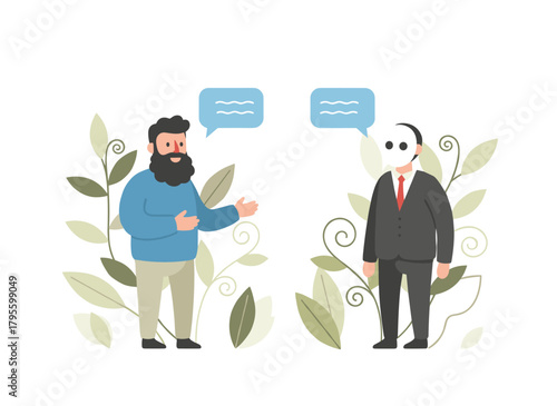 A man conversing with a robot on a white backdrop, depicted in a flat cartoon vector style, illustrating a chatbot technical support dialogue between a human and an android
